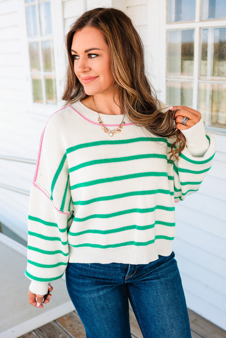 Freya Crewneck Striped Sweater - Ivory/Green