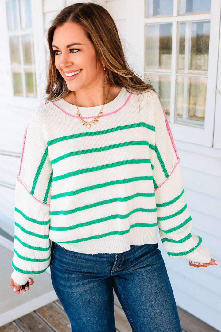 Freya Crewneck Striped Sweater - Ivory/Green