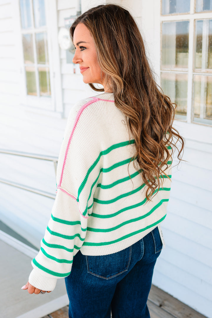 Freya Crewneck Striped Sweater - Ivory/Green