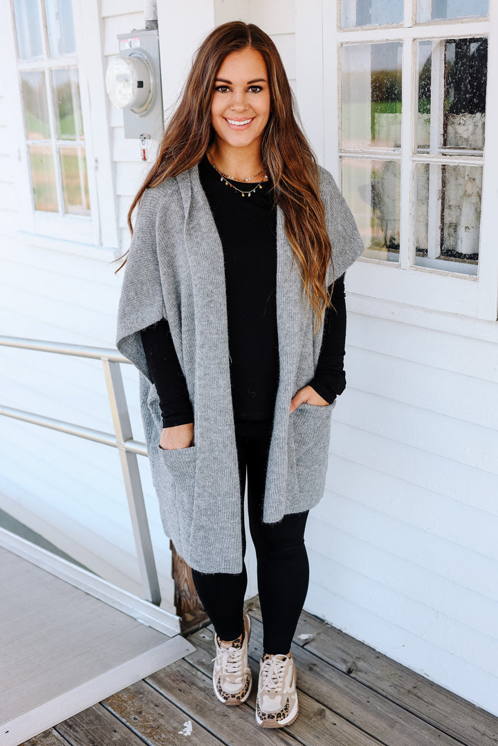 Tara Hooded Sweater Poncho - Grey