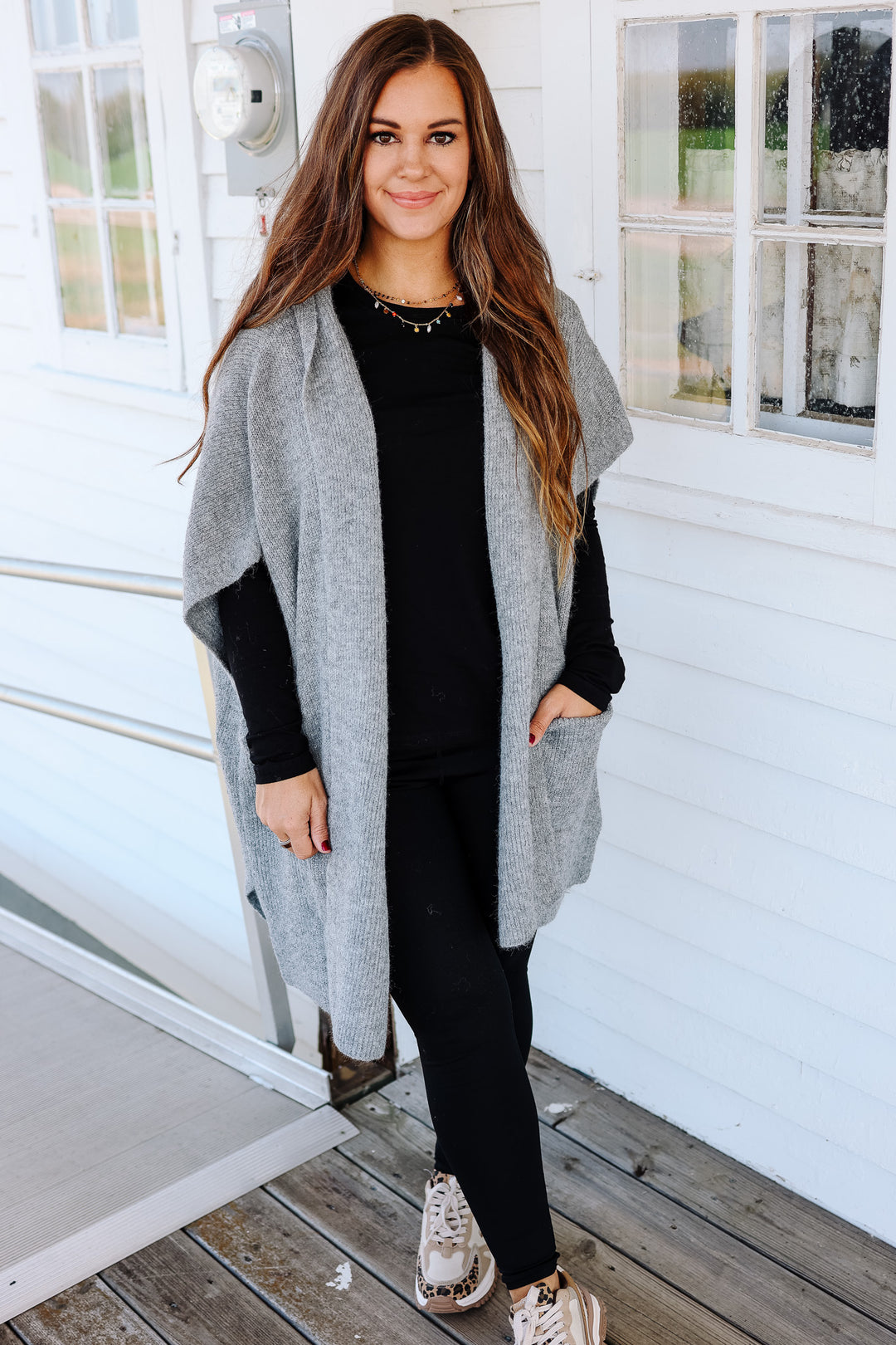 Tara Hooded Sweater Poncho - Grey