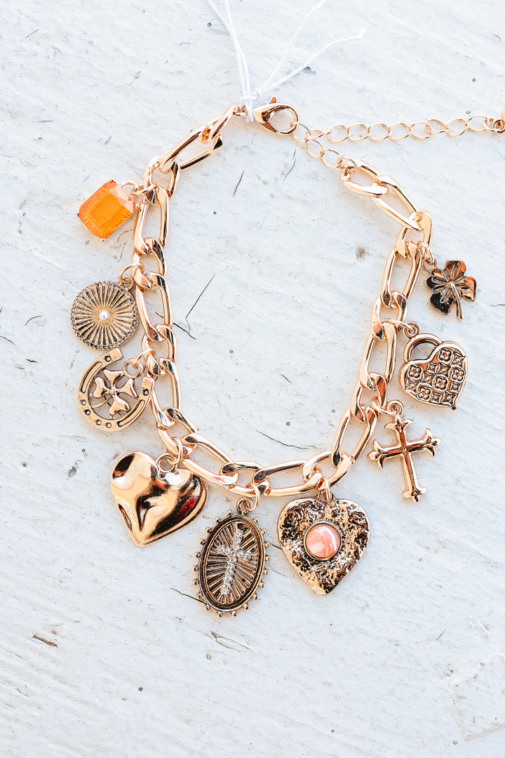 Cross Heart Oval Motifs Charm Bracelet