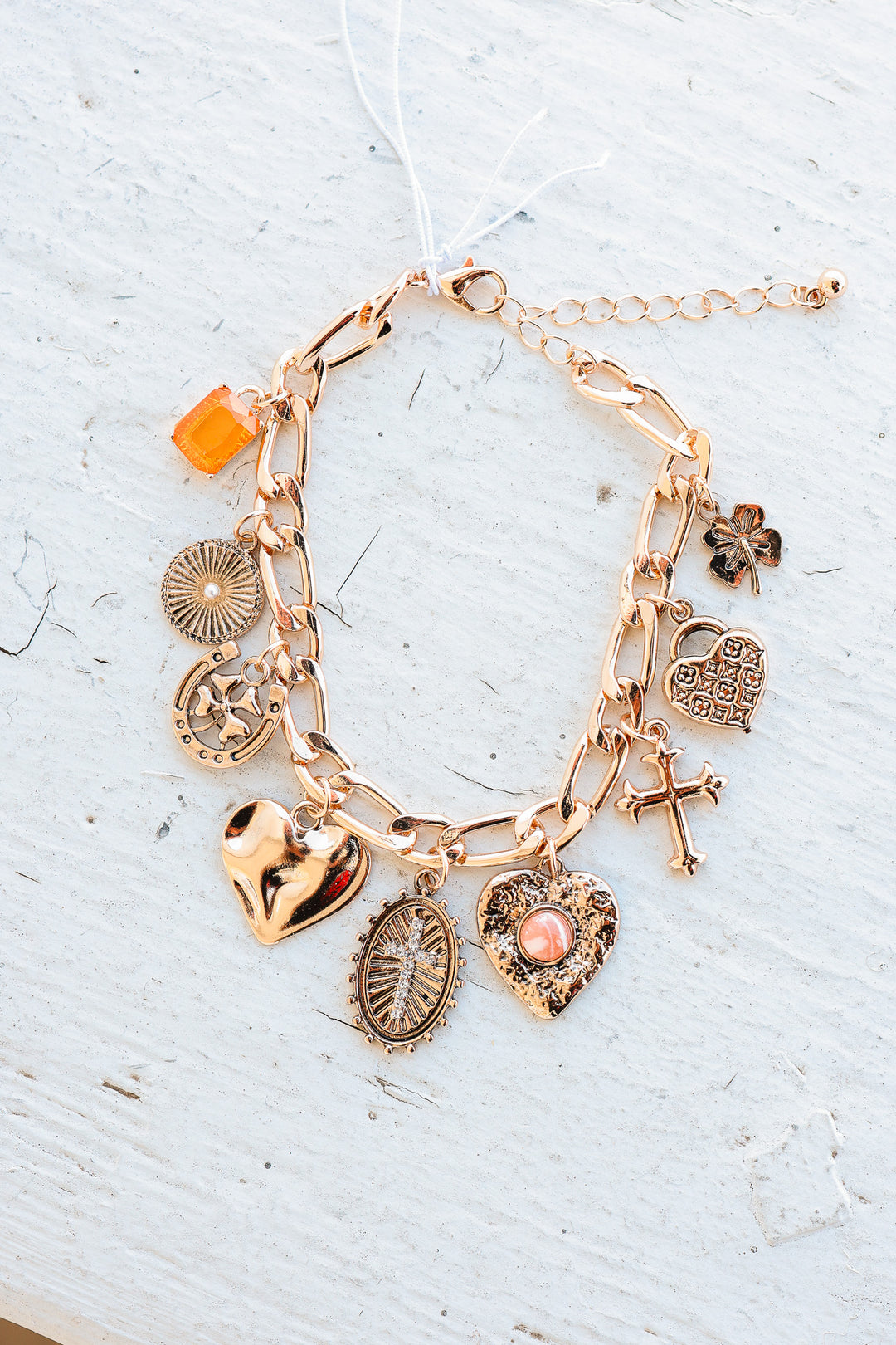 Cross Heart Oval Motifs Charm Bracelet
