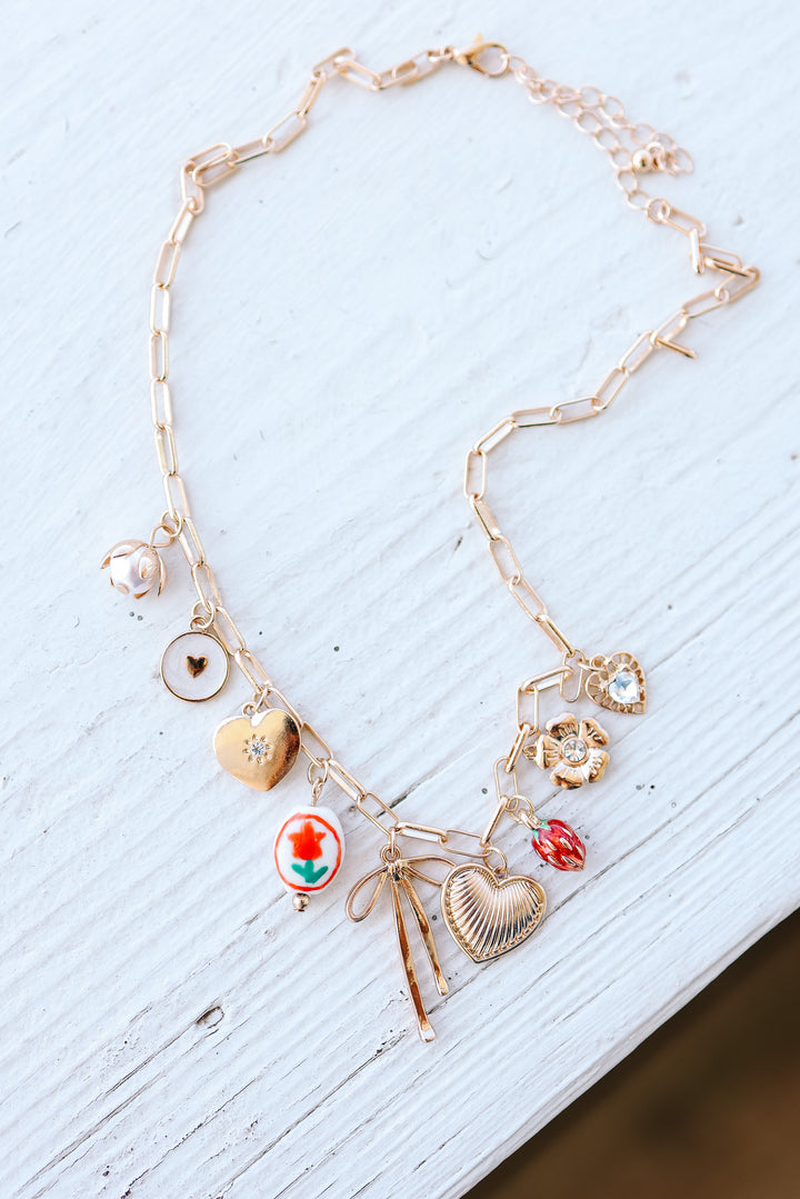 Bow Toile Floral Heart Rhinestone Charm Necklace