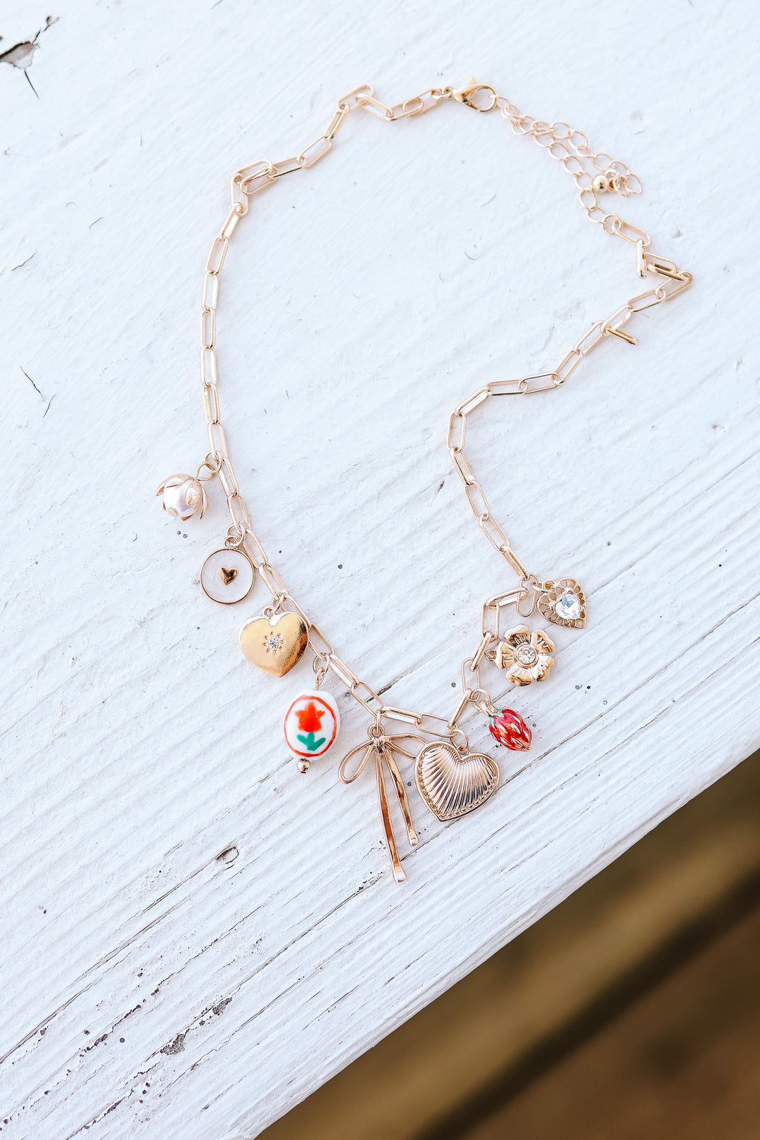 Bow Toile Floral Heart Rhinestone Charm Necklace