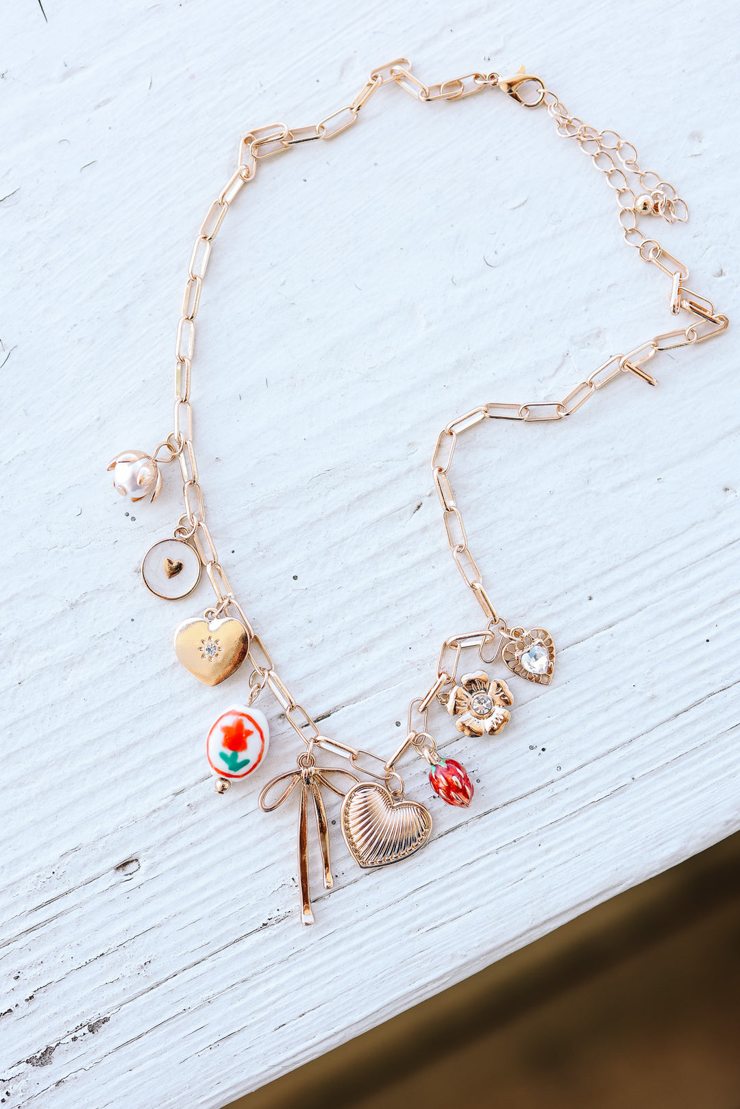 Bow Toile Floral Heart Rhinestone Charm Necklace