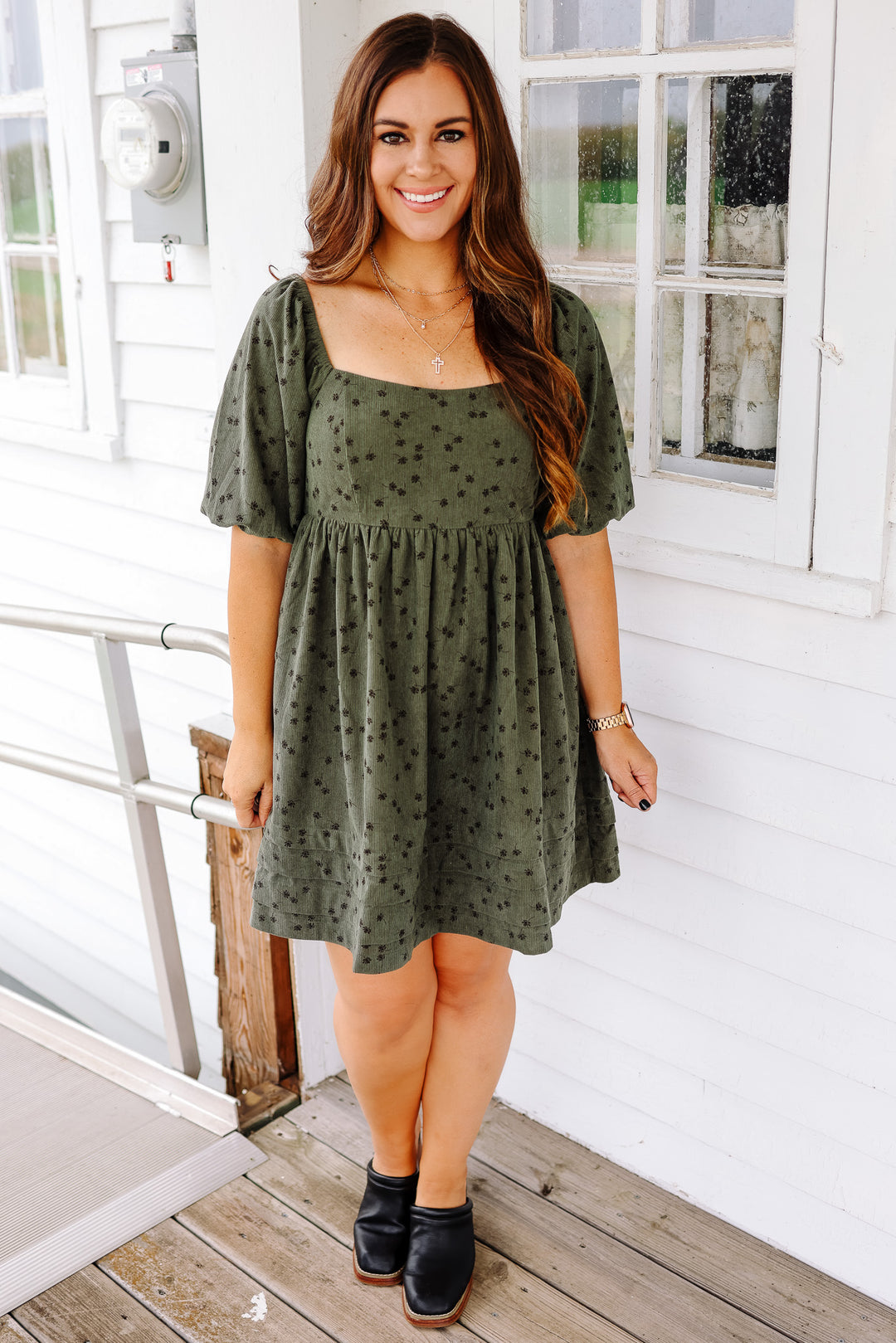 Lou Floral Corduroy Dress - Olive