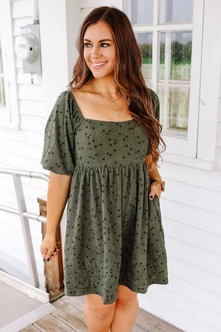 Lou Floral Corduroy Dress - Olive