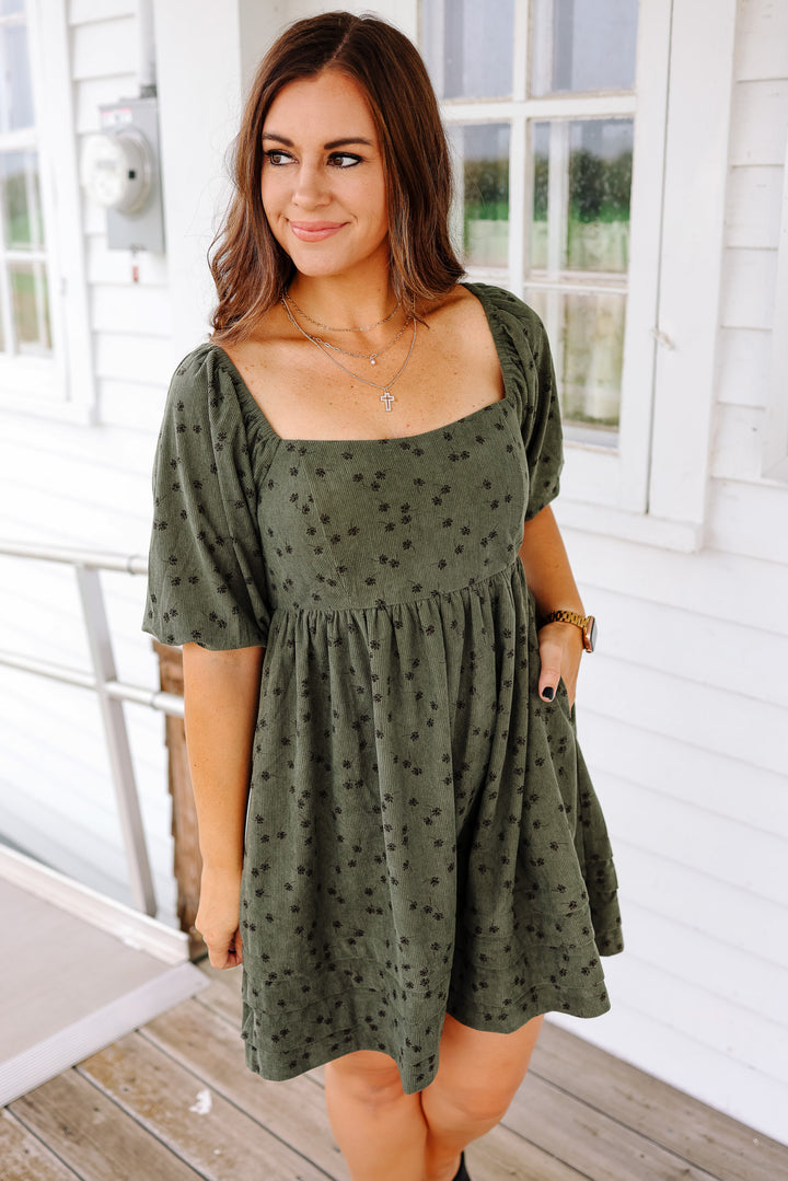 Lou Floral Corduroy Dress - Olive