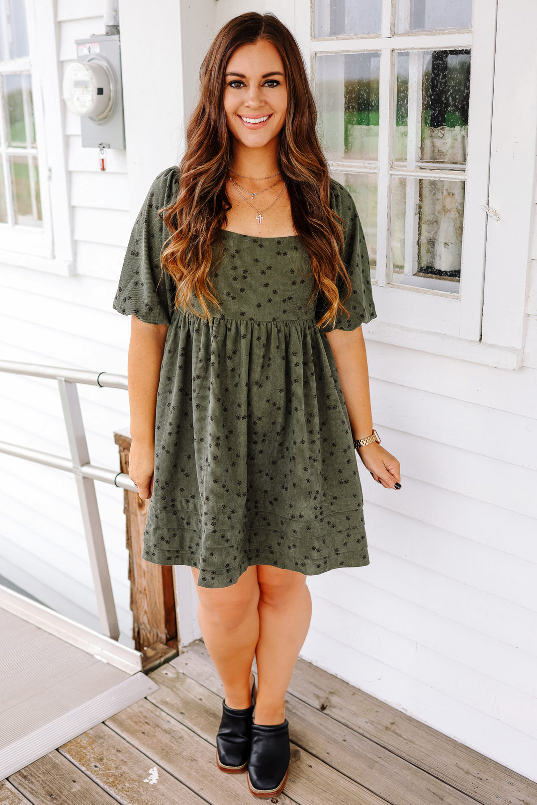 Lou Floral Corduroy Dress - Olive