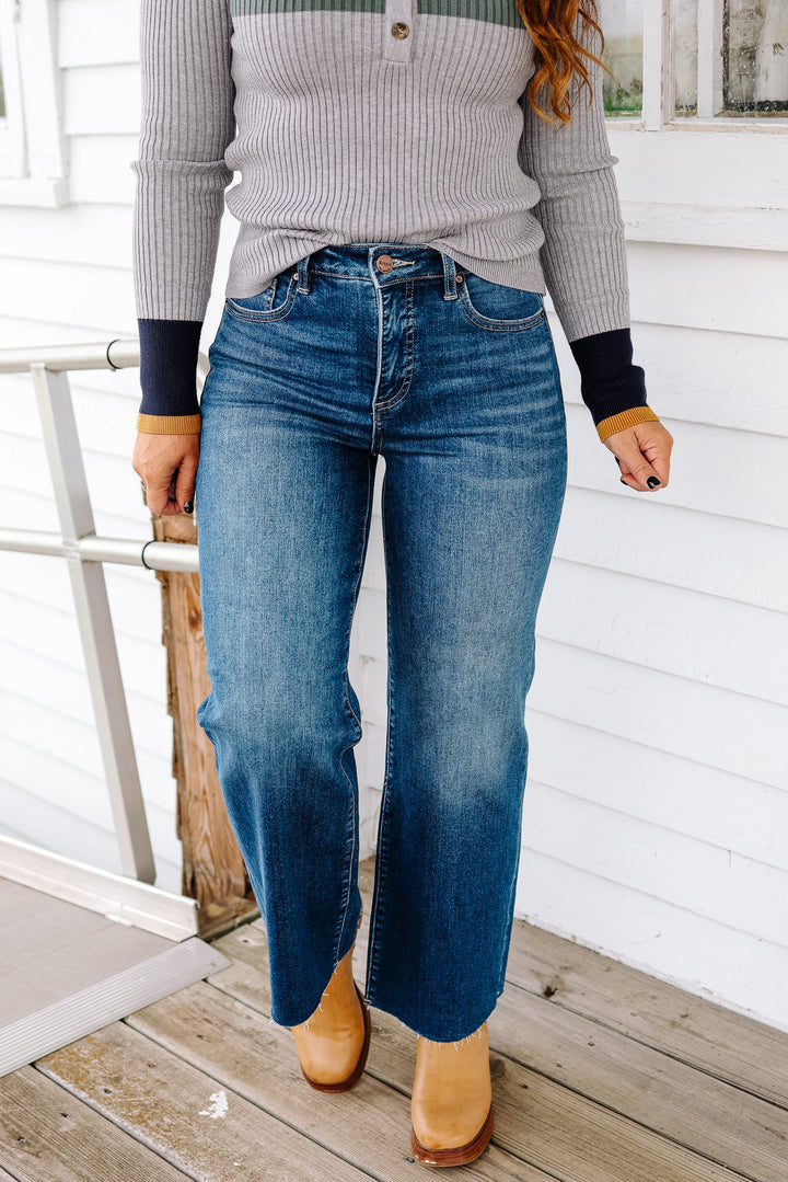 RISEN: Dane Tummy Control Wide Crop Dark Wash Jeans