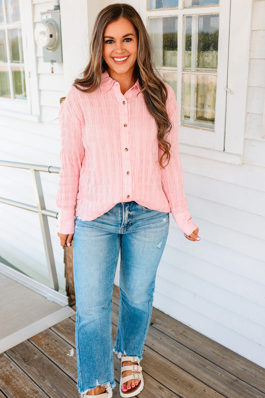 Ava Textured Button Down Shirt - Pink