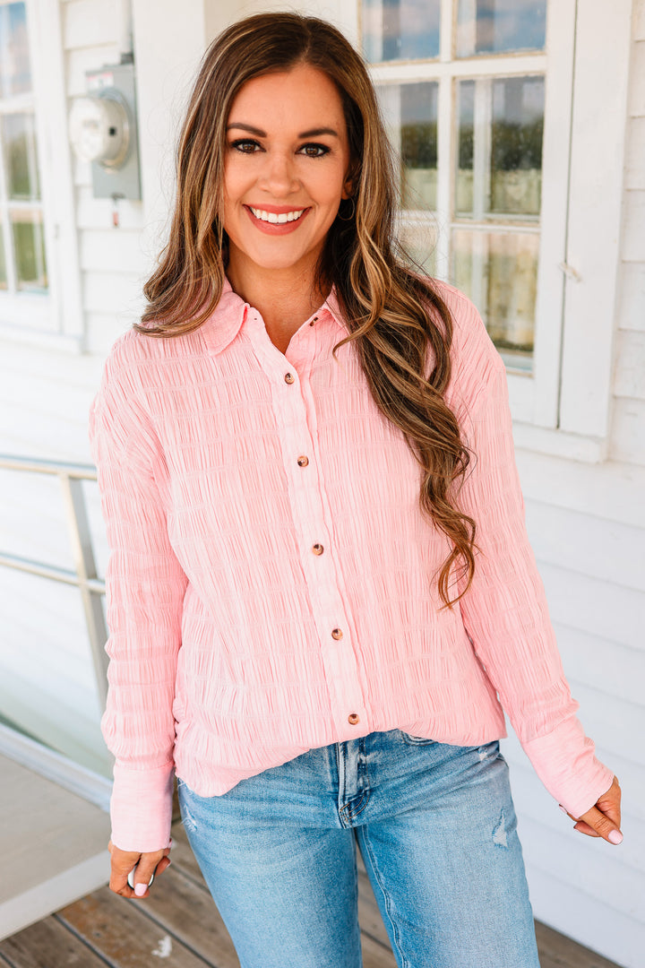 Ava Textured Button Down Shirt - Pink