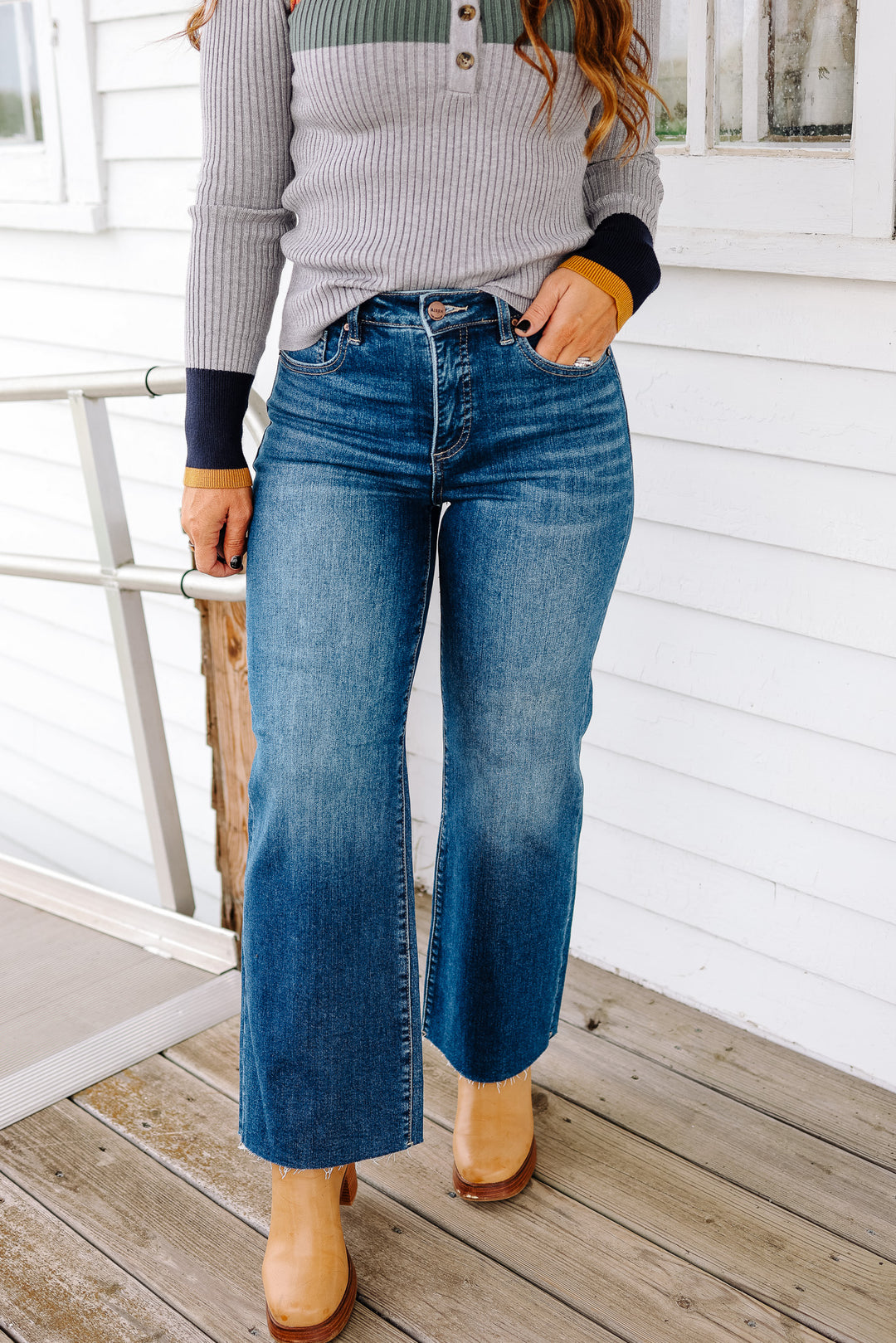 RISEN: Dane Tummy Control Wide Crop Dark Wash Jeans