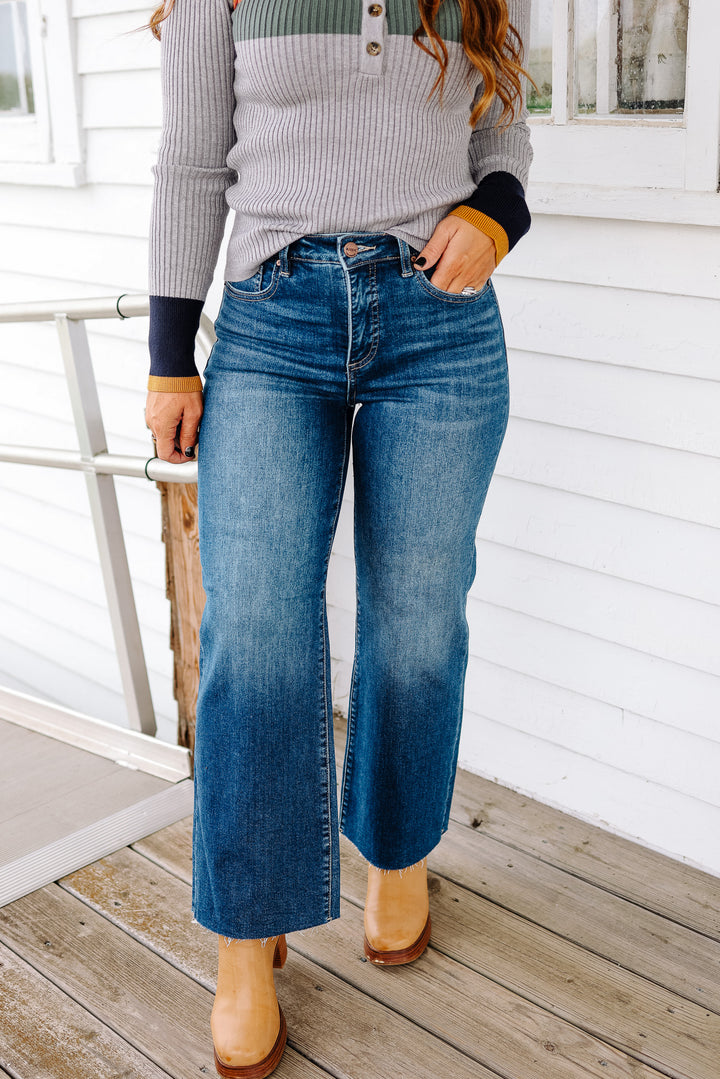 RISEN: Dane Tummy Control Wide Crop Dark Wash Jeans