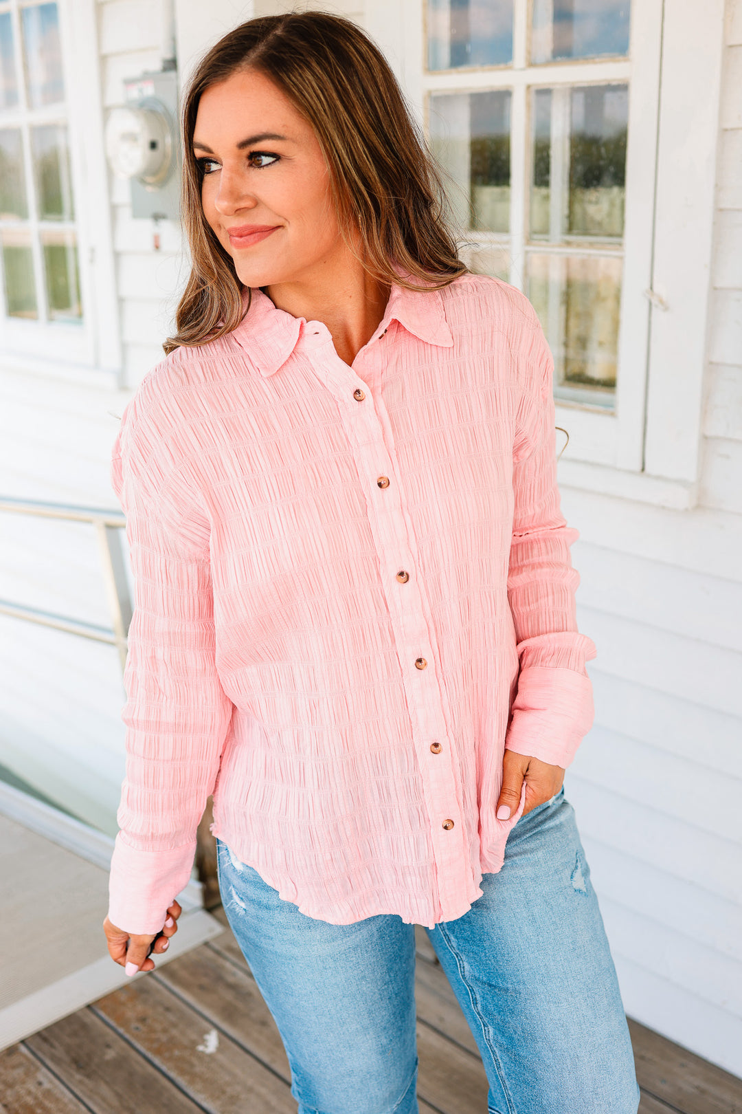 Ava Textured Button Down Shirt - Pink