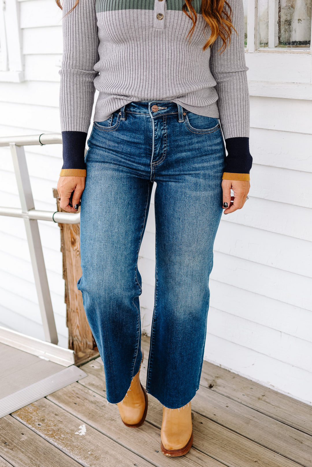 RISEN: Dane Tummy Control Wide Crop Dark Wash Jeans