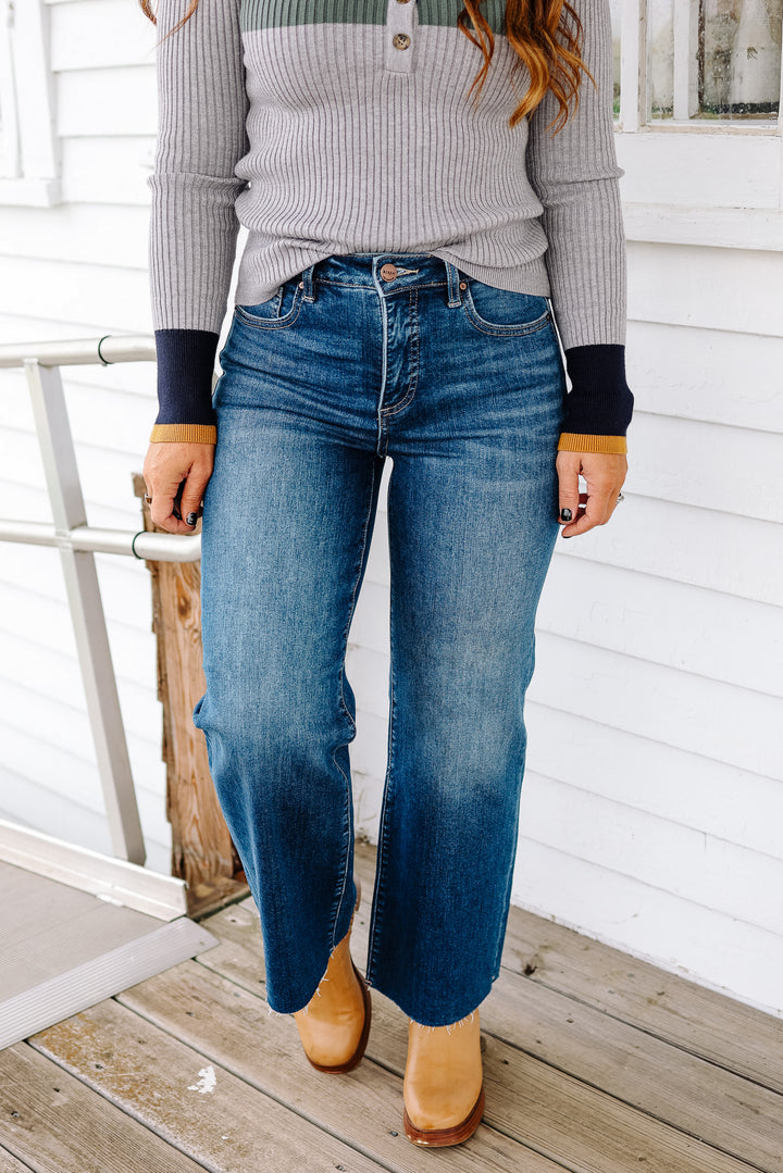 RISEN: Dane Tummy Control Wide Crop Dark Wash Jeans