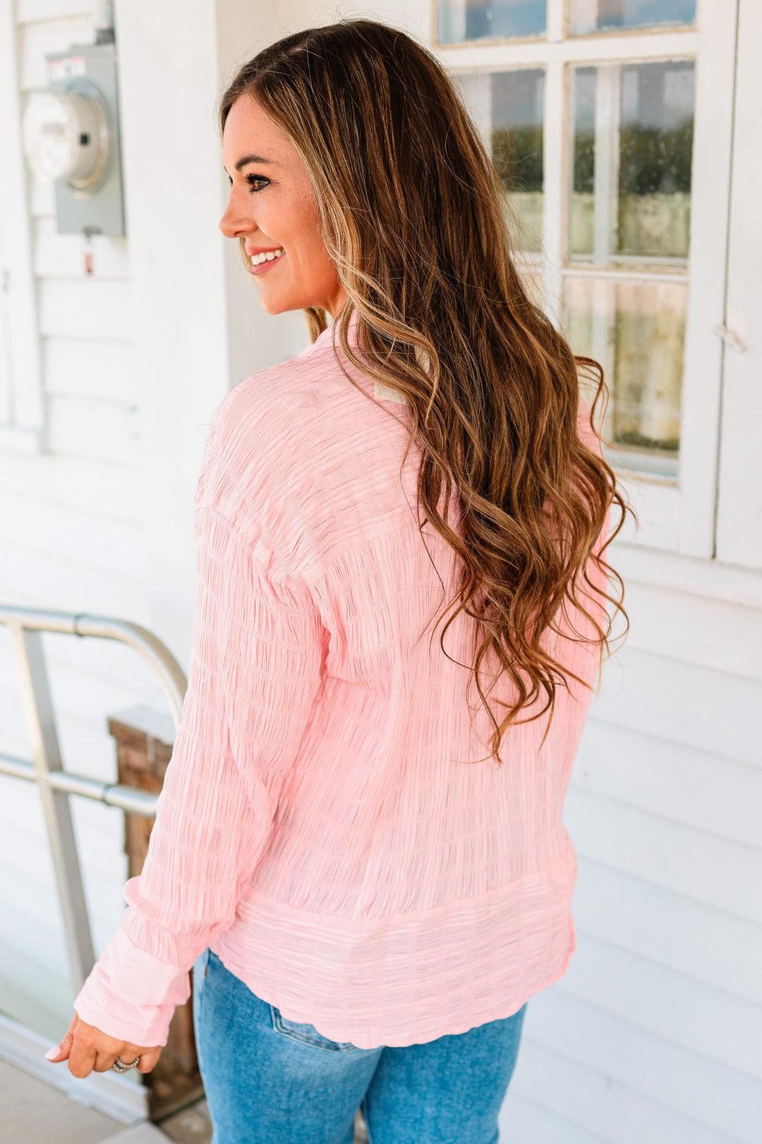 Ava Textured Button Down Shirt - Pink