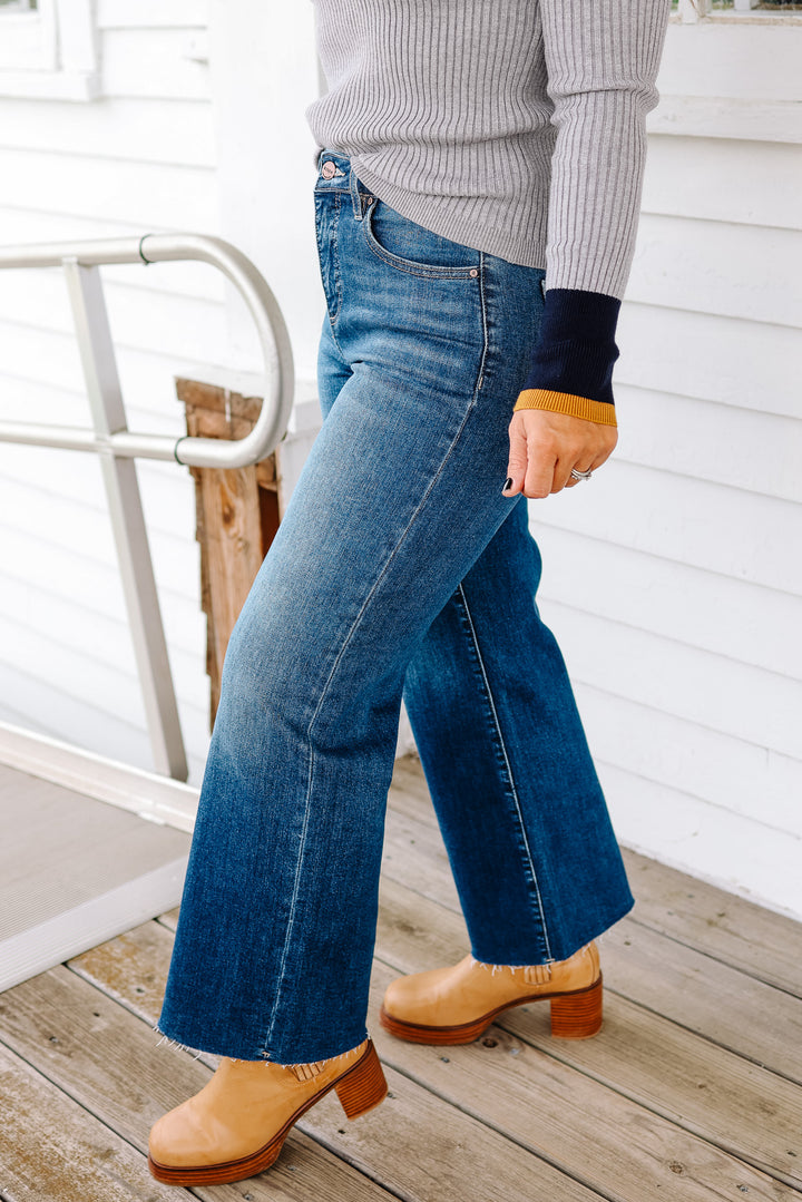 RISEN: Dane Tummy Control Wide Crop Dark Wash Jeans