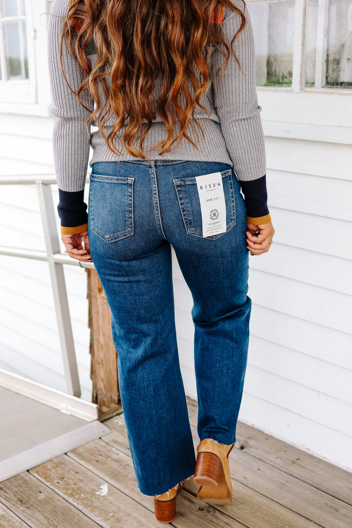 RISEN: Dane Tummy Control Wide Crop Dark Wash Jeans