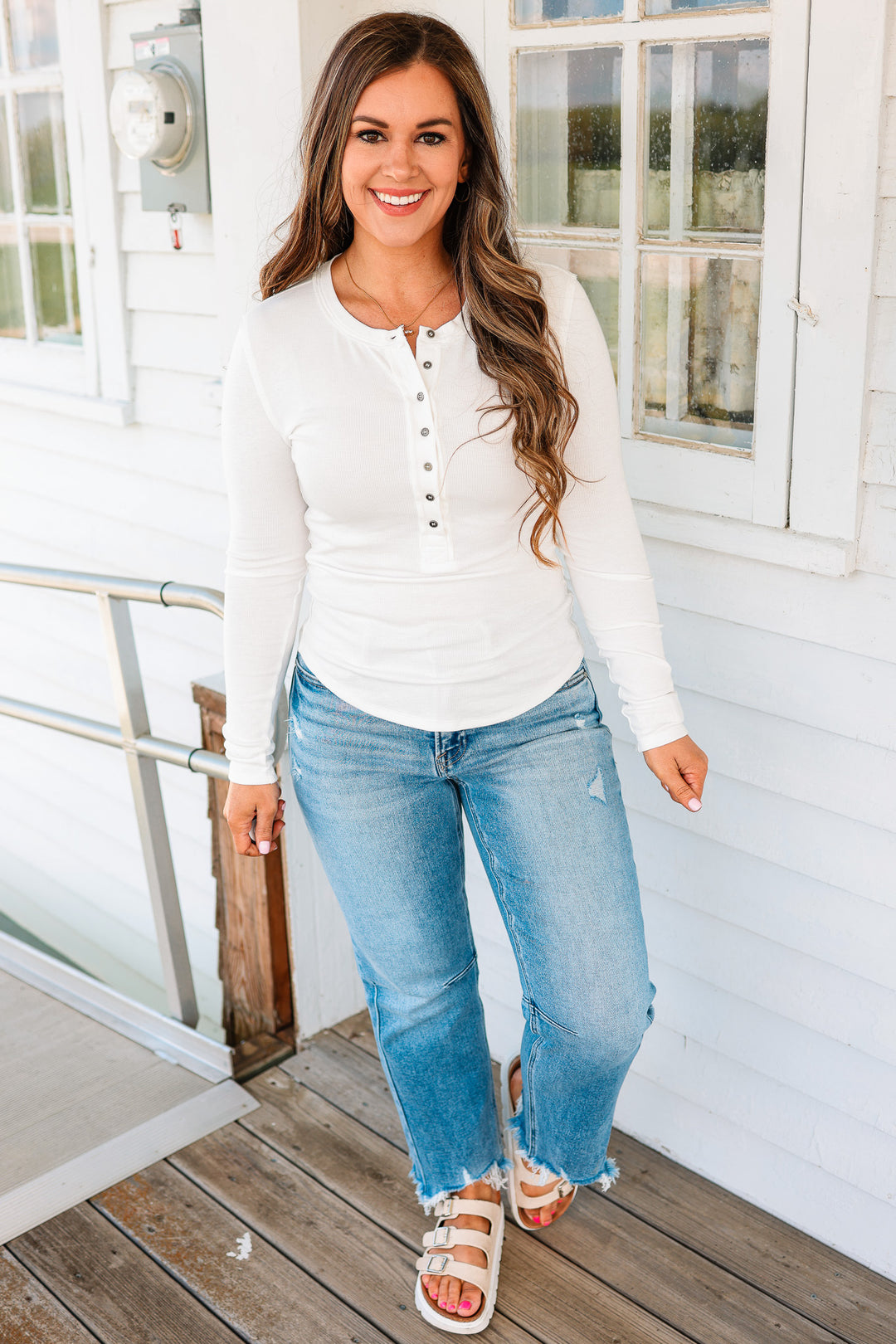 Mara Henley Long Sleeve Top - White