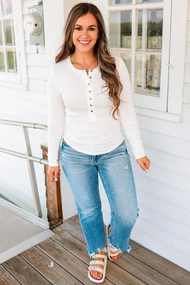 Mara Henley Long Sleeve Top - White