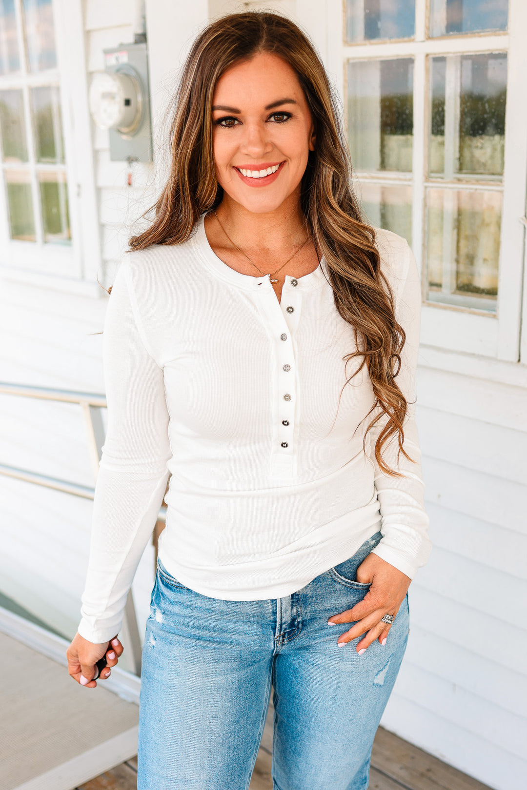 Mara Henley Long Sleeve Top - White