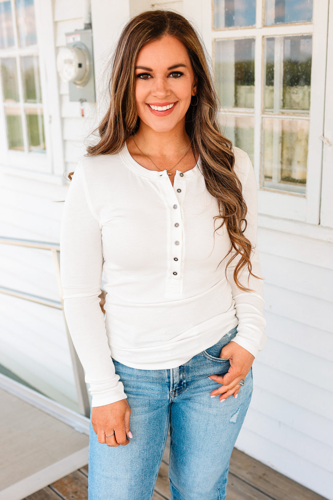 Mara Henley Long Sleeve Top - White