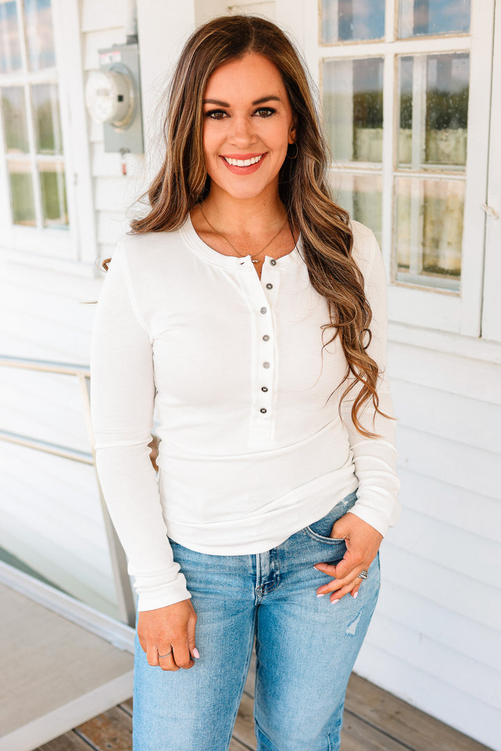 Mara Henley Long Sleeve Top - White