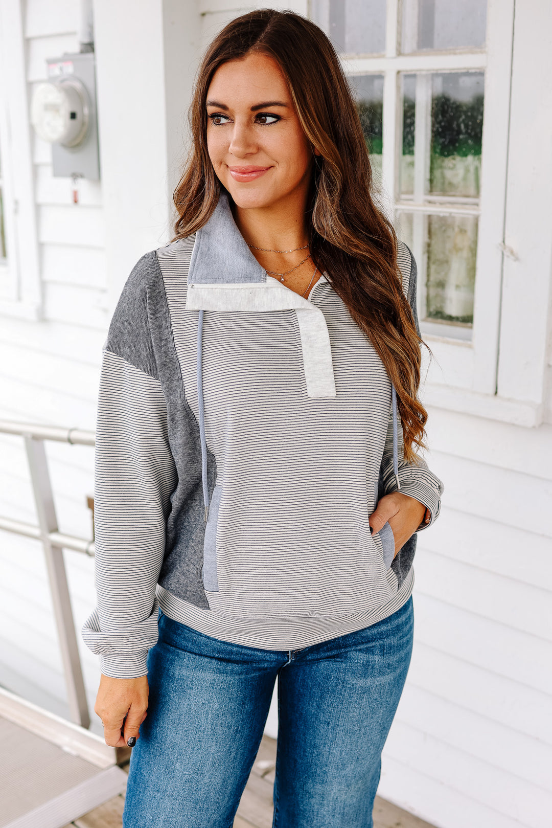 Becca Half Zip Mix Stripe Pullover - Denim