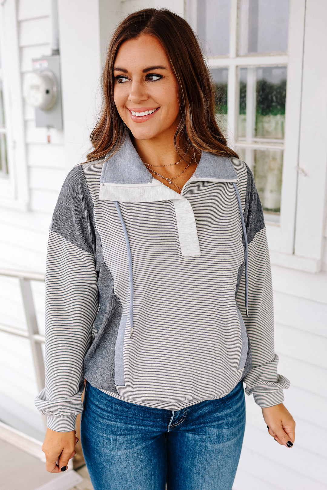 Becca Half Zip Mix Stripe Pullover - Denim