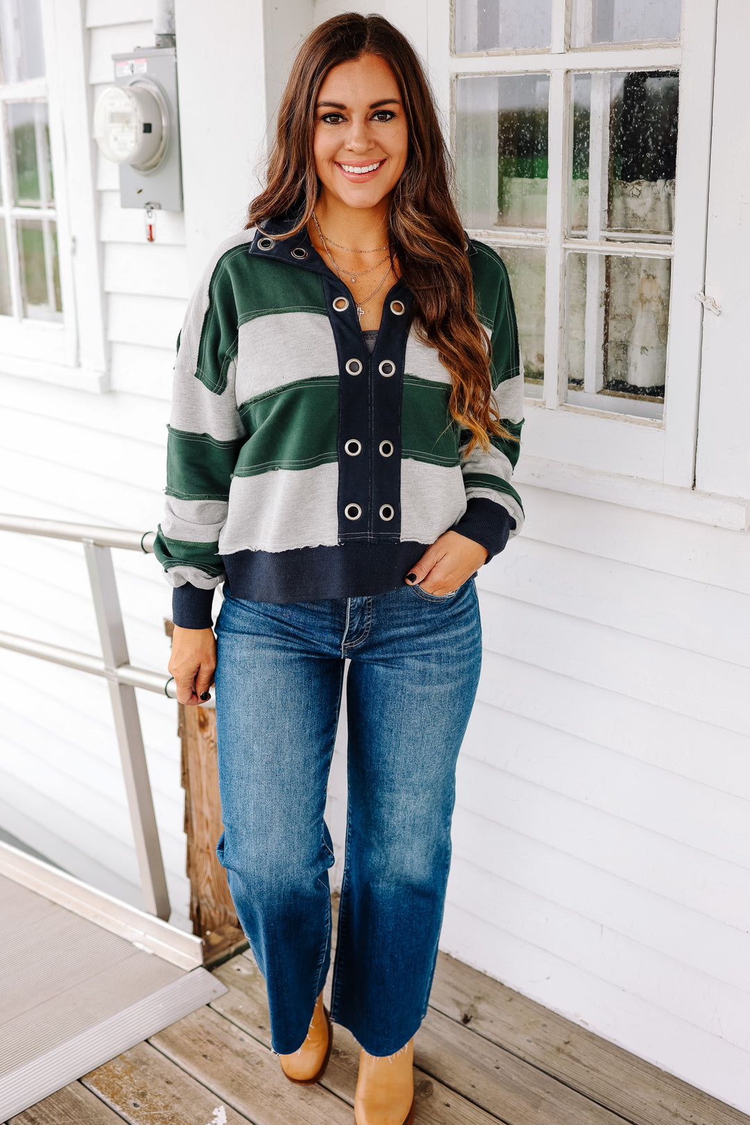Emery Cropped Pullover - Forest Green/Navy