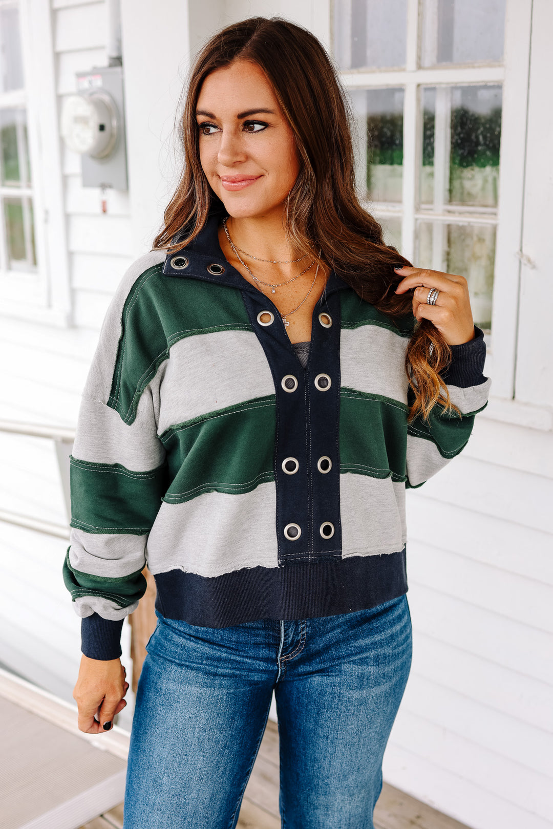 Emery Cropped Pullover - Forest Green/Navy