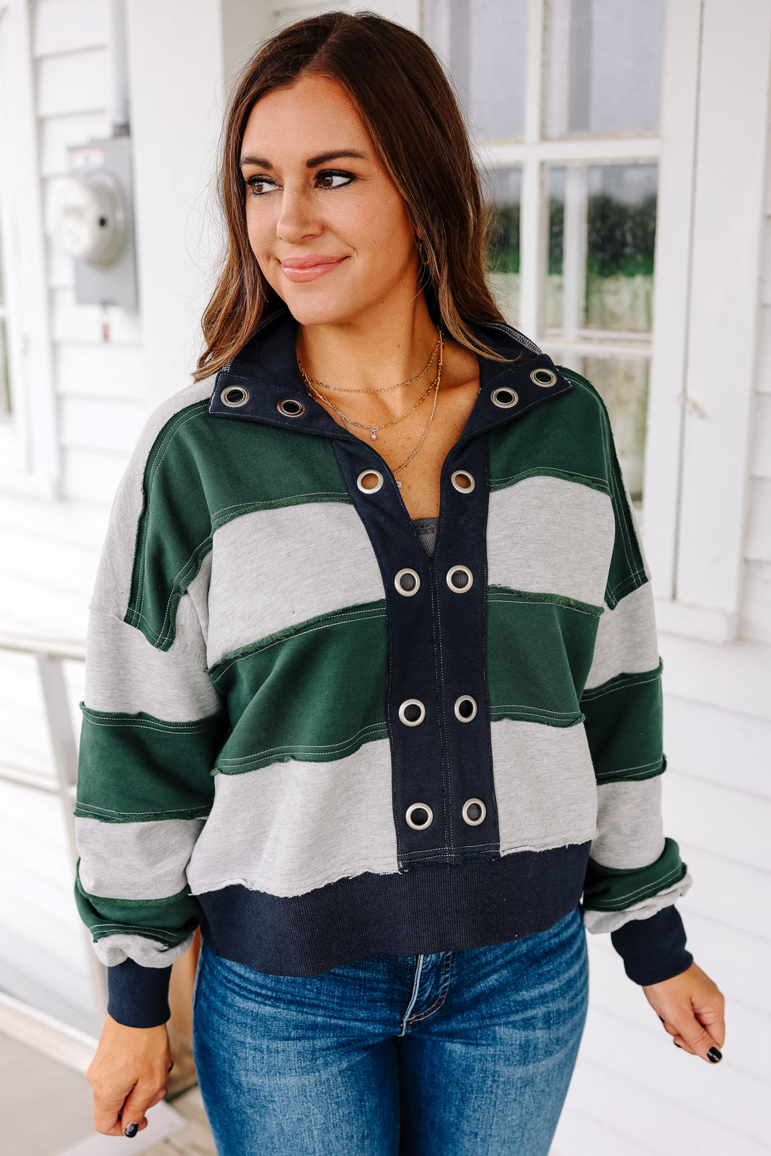 Emery Cropped Pullover - Forest Green/Navy