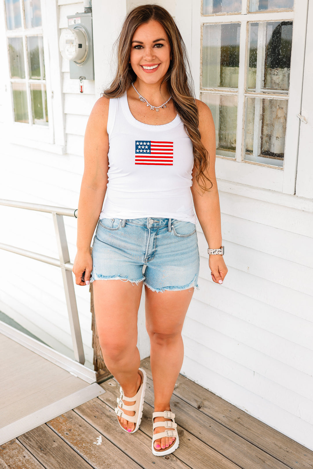 American Flag Ribbed Tank- White