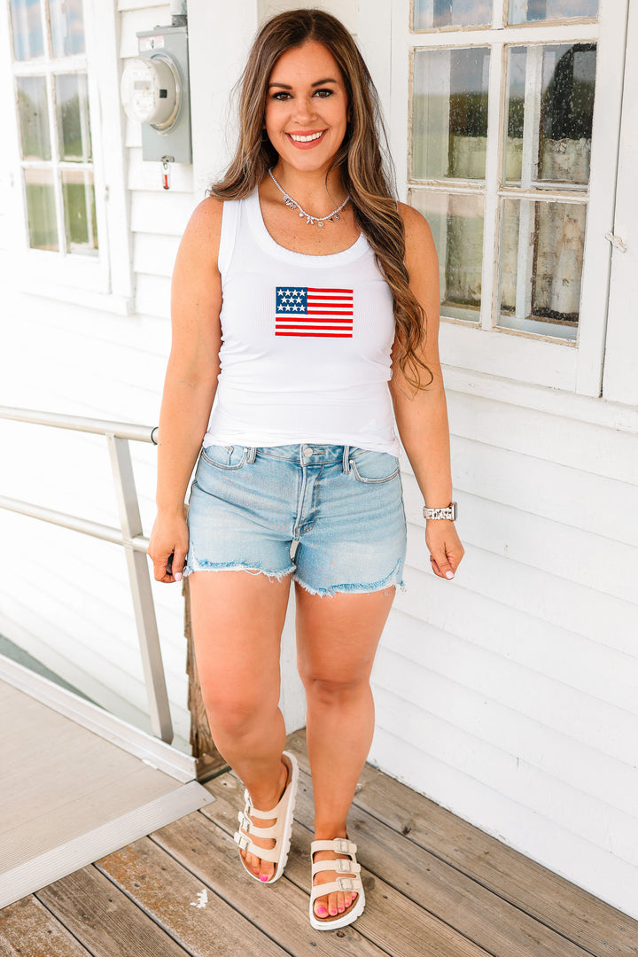 American Flag Ribbed Tank- White