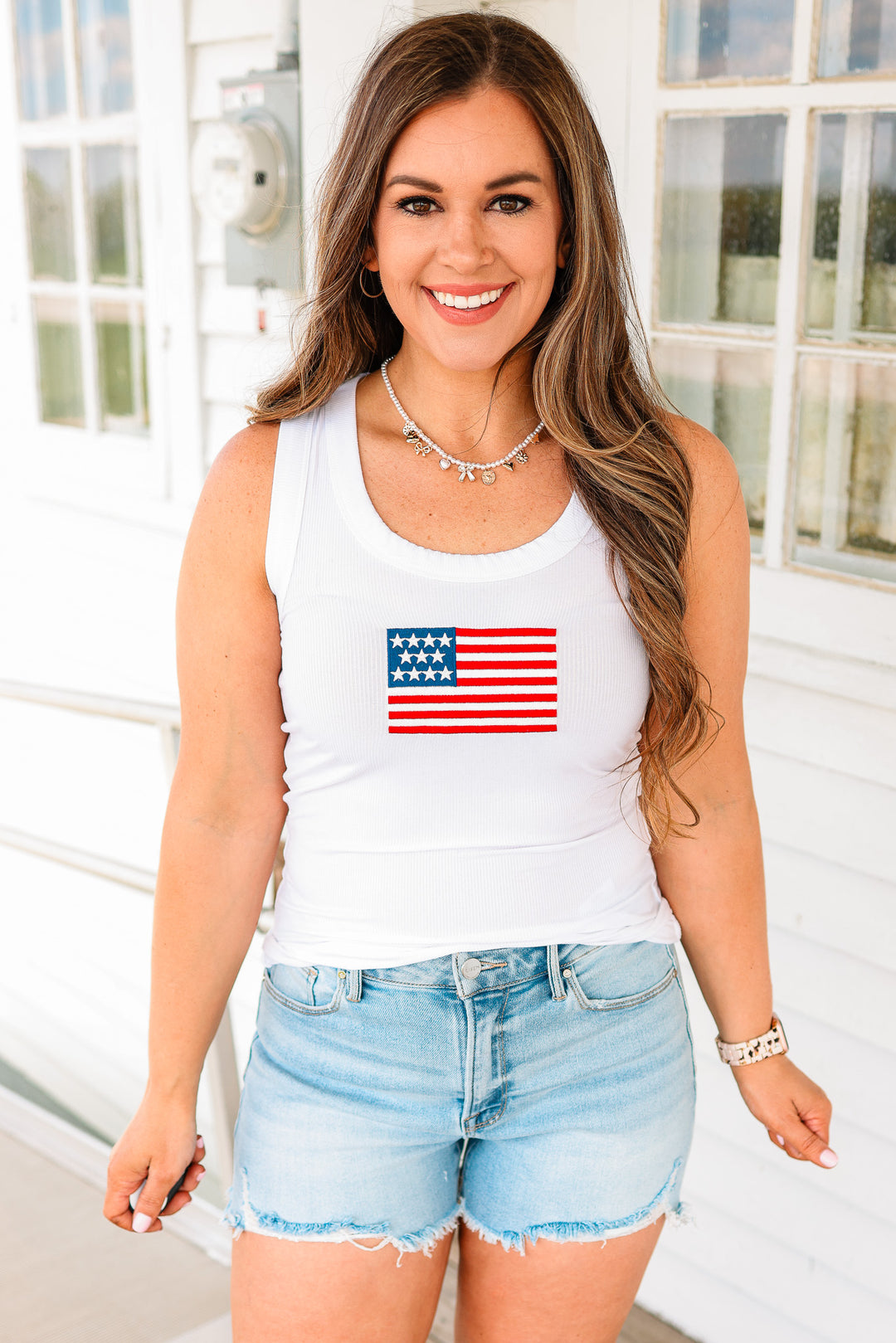 American Flag Ribbed Tank- White