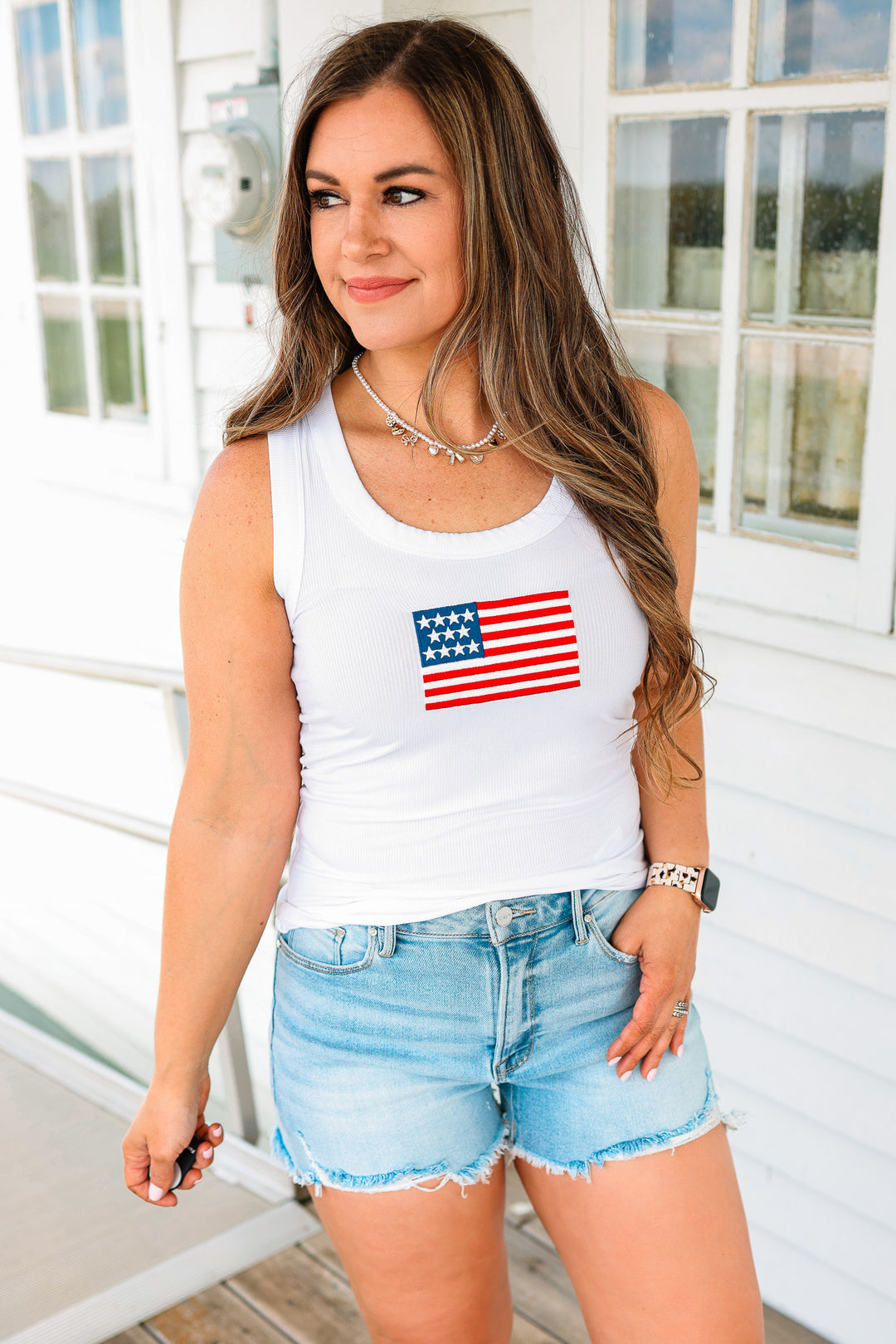 American Flag Ribbed Tank- White