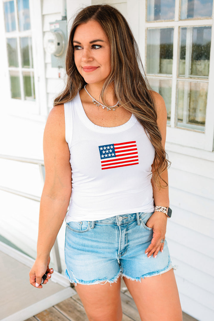 American Flag Ribbed Tank- White