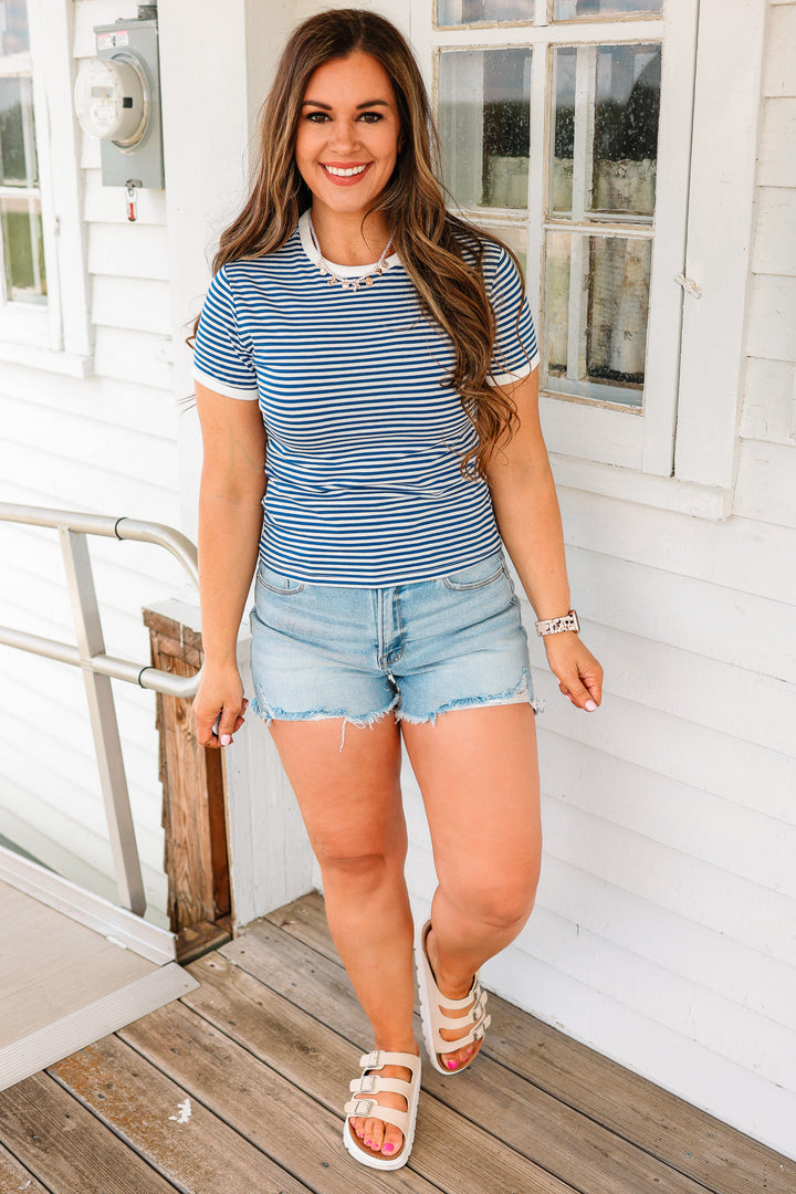 Jules Striped Ribbed Tee - Light Navy