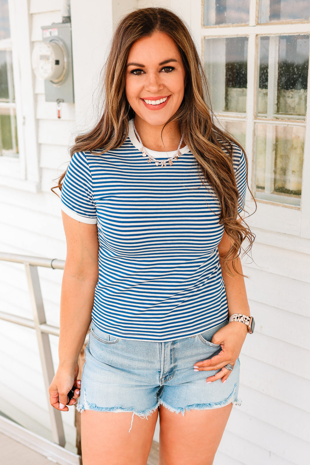 Jules Striped Ribbed Tee - Light Navy