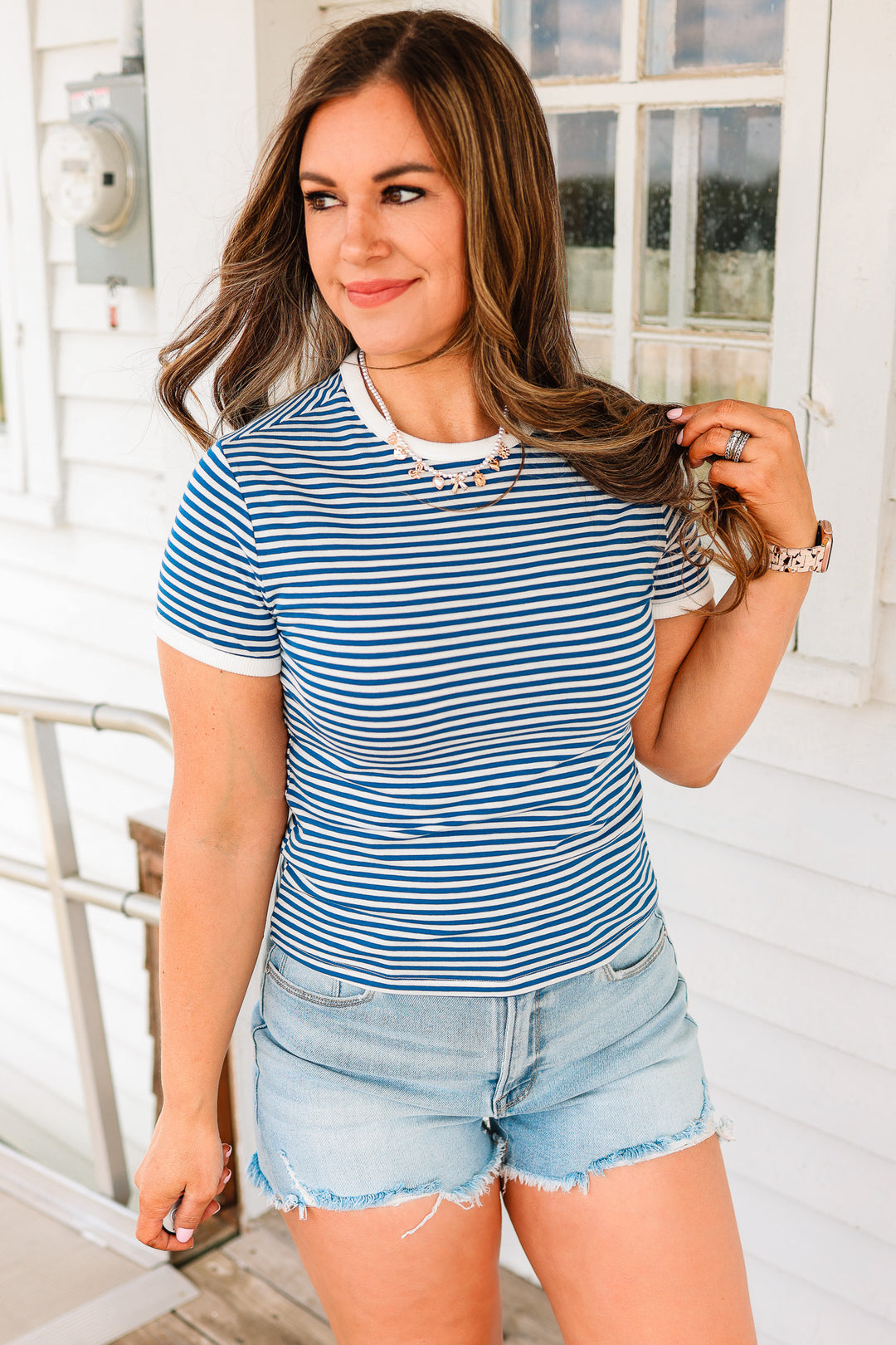 Jules Striped Ribbed Tee - Light Navy