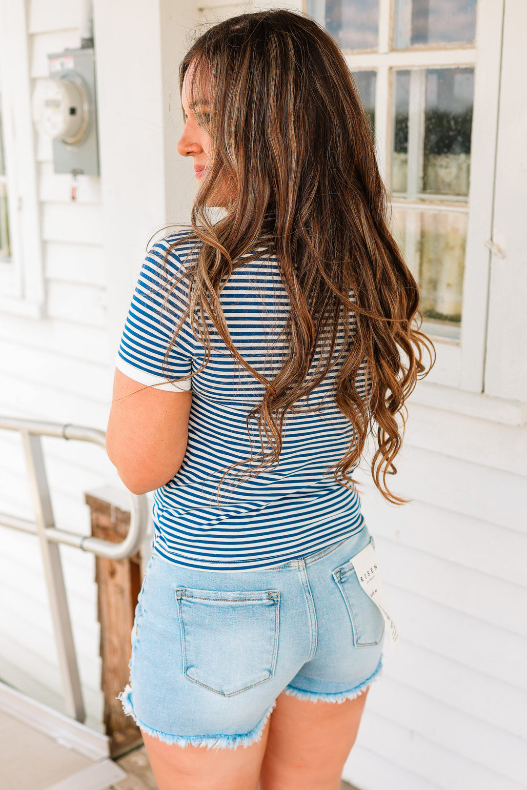 Jules Striped Ribbed Tee - Light Navy