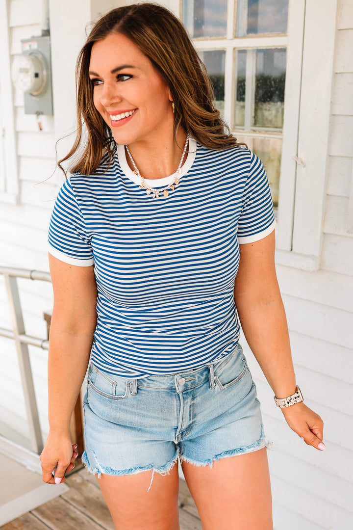 Jules Striped Ribbed Tee - Light Navy