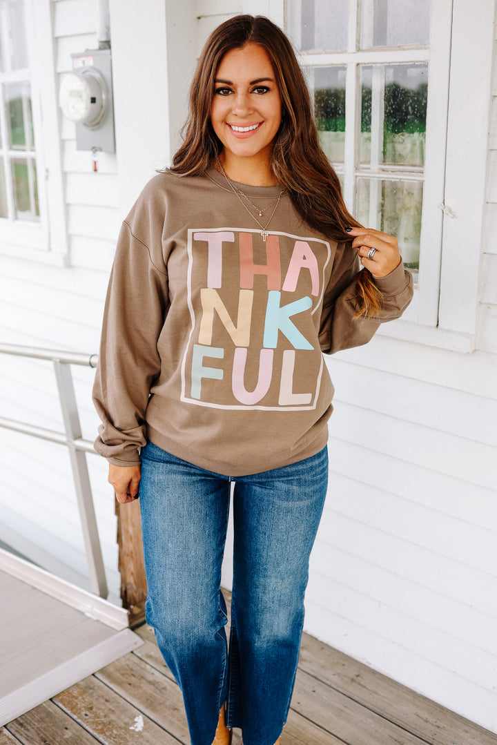 Pastel Thankful Crewneck Sweatshirt - Brown