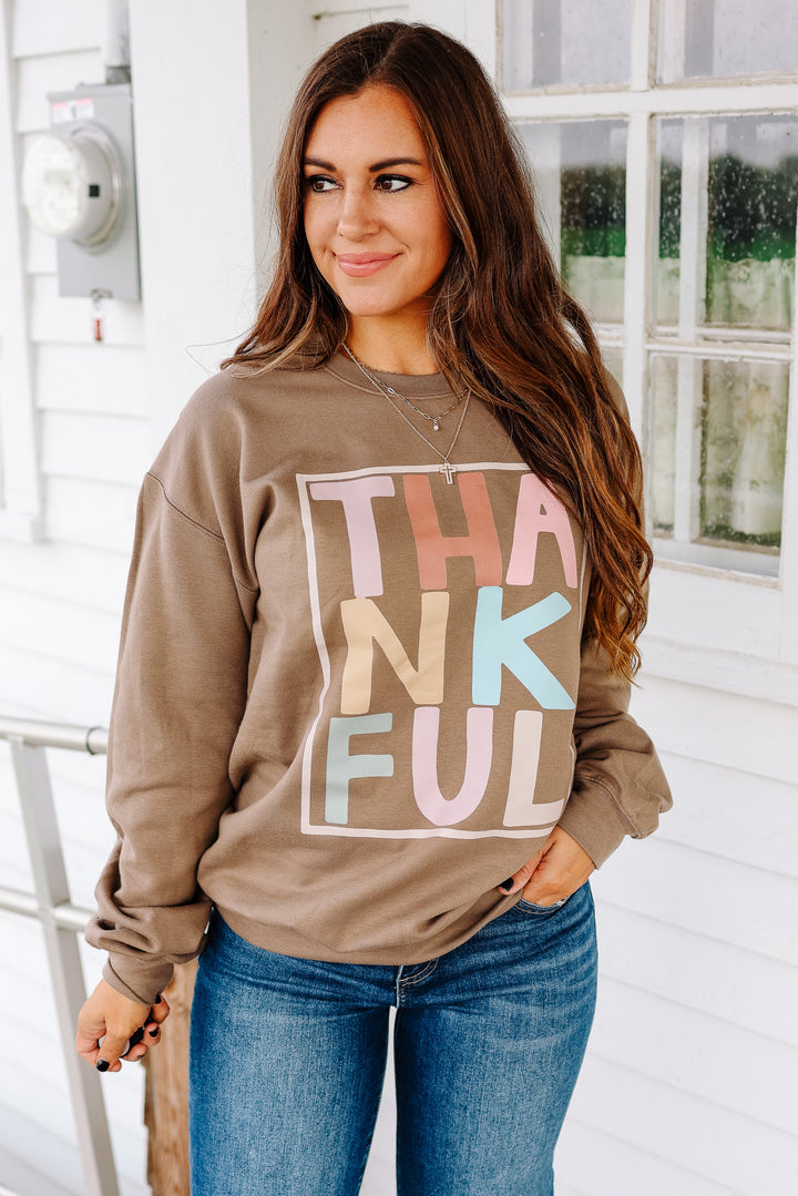 Pastel Thankful Crewneck Sweatshirt - Brown