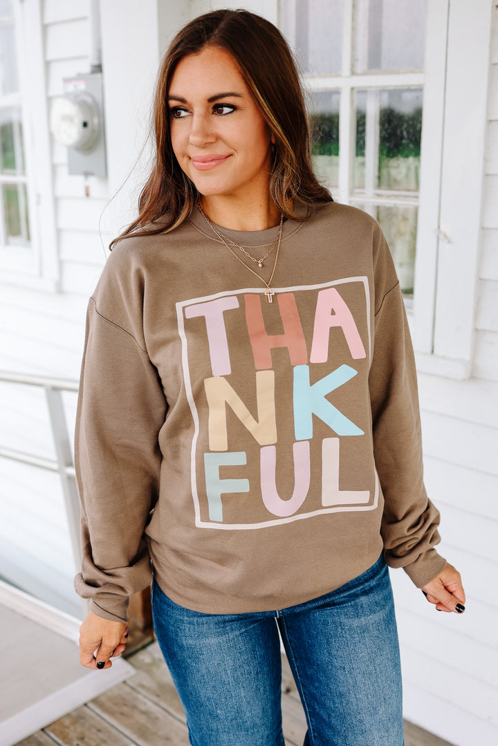 Pastel Thankful Crewneck Sweatshirt - Brown