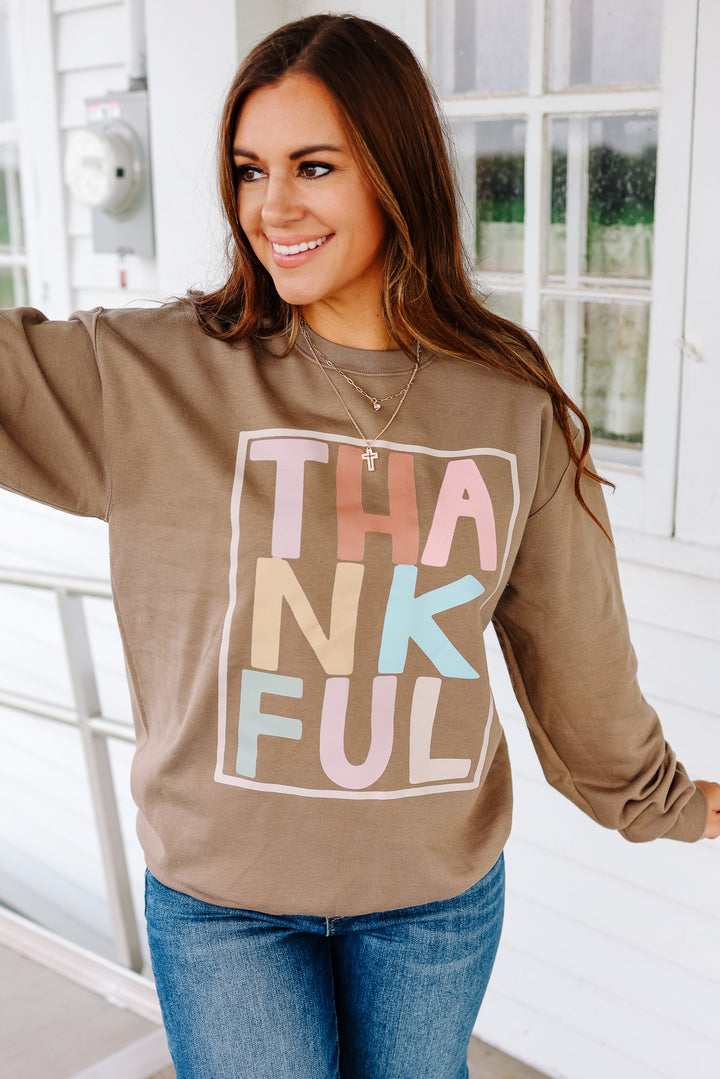 Pastel Thankful Crewneck Sweatshirt - Brown