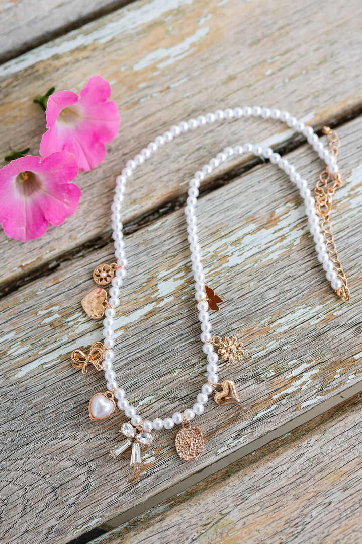 Bow Sunflower Heart Pearl Chain Charm Necklace